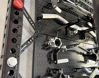 May include: A black metal wall-mounted storage rack for gym equipment featuring a vertical support beam with numbered holes and two red Fringe Sport circular caps, holding various silver and black steel cable attachments and handles.
