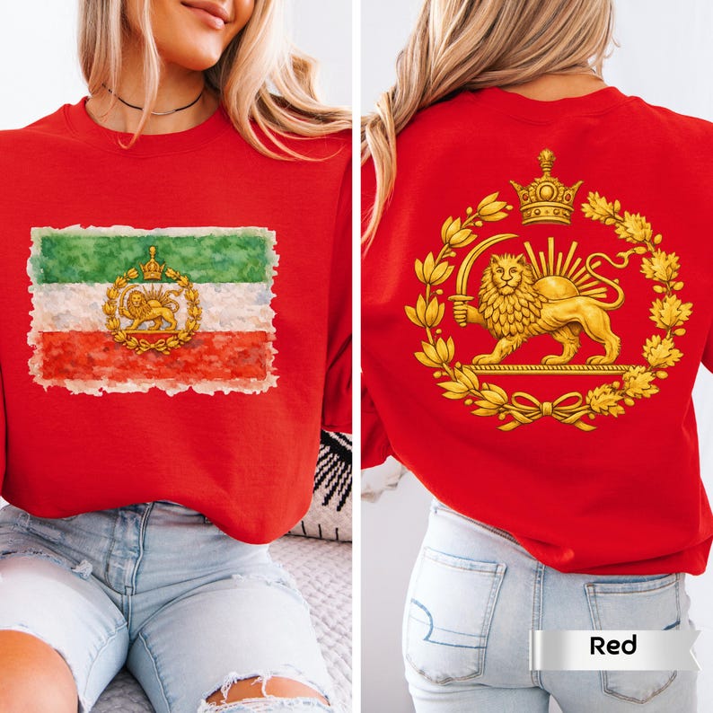 Chemise Iran Lion et soleil, sweat-shirt drapeau persan, Shiro Khorshid, Iran libre, cadeaux patriotiques, recto verso, Zan Zendegi Azadi, haut persan patriotique image 3