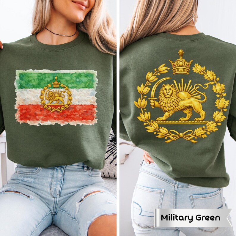 Chemise Iran Lion et soleil, sweat-shirt drapeau persan, Shiro Khorshid, Iran libre, cadeaux patriotiques, recto verso, Zan Zendegi Azadi, haut persan patriotique image 8