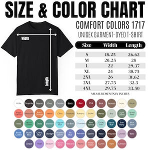 The image is a size and color chart for a unisex t-shirt, providing measurements and color options for different sizes.