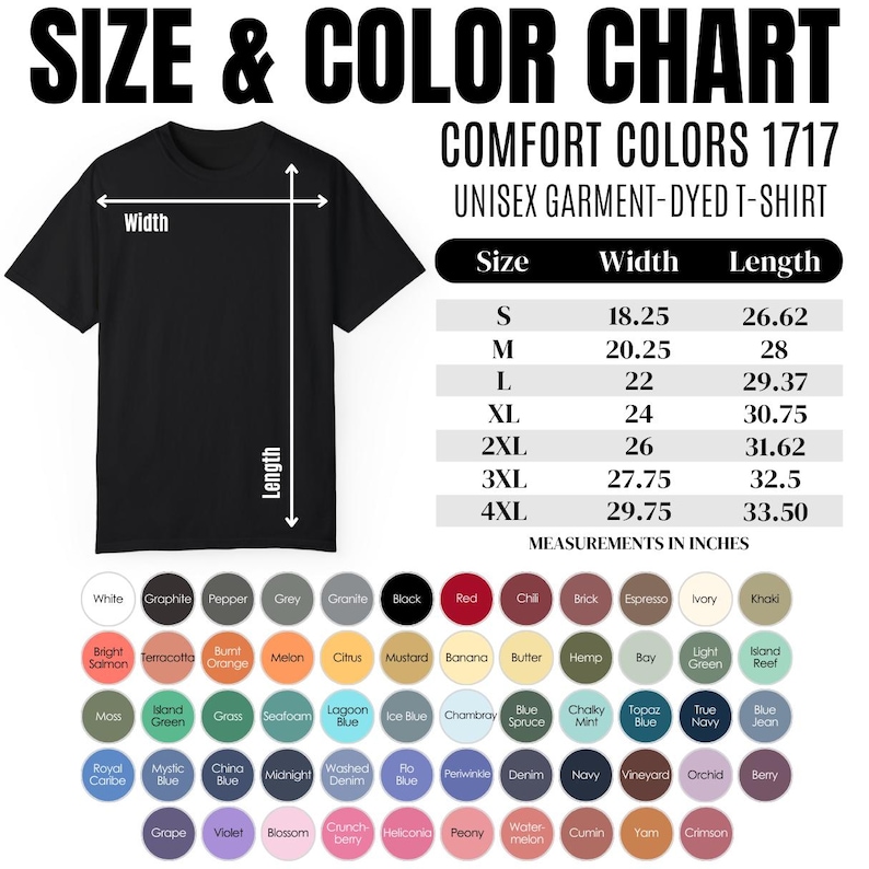 The image is a size and color chart for a unisex t-shirt, providing measurements and color options for different sizes.