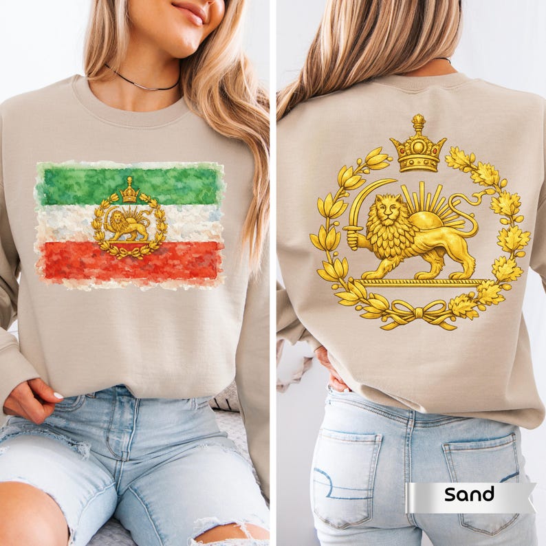 Chemise Iran Lion et soleil, sweat-shirt drapeau persan, Shiro Khorshid, Iran libre, cadeaux patriotiques, recto verso, Zan Zendegi Azadi, haut persan patriotique image 5
