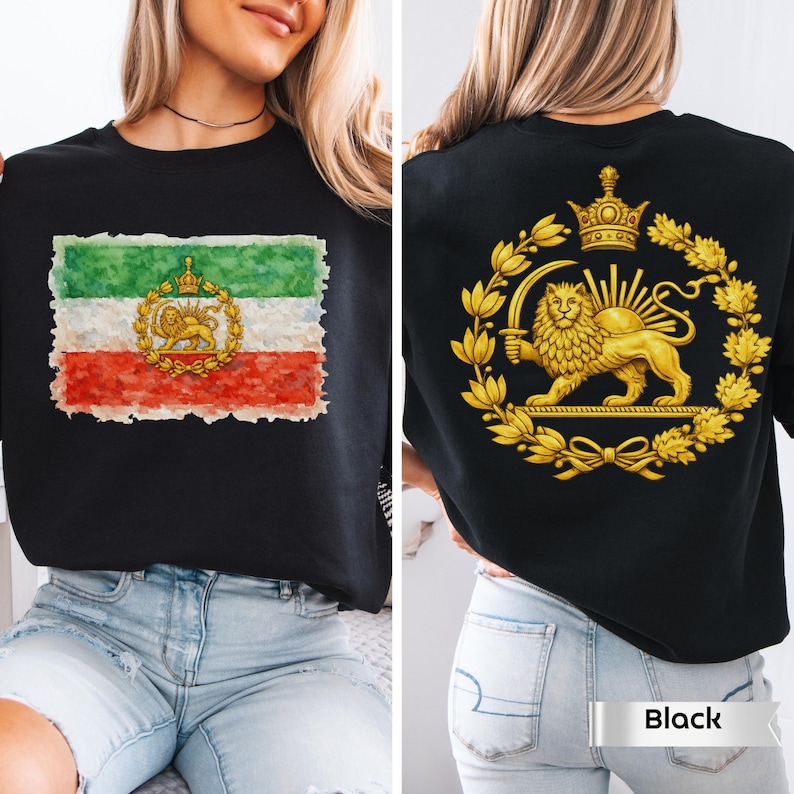 Chemise Iran Lion et soleil, sweat-shirt drapeau persan, Shiro Khorshid, Iran libre, cadeaux patriotiques, recto verso, Zan Zendegi Azadi, haut persan patriotique image 1