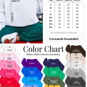 The image is a color chart for a crewneck sweatshirt, displaying various color options available in the Gildan 18000 collection.