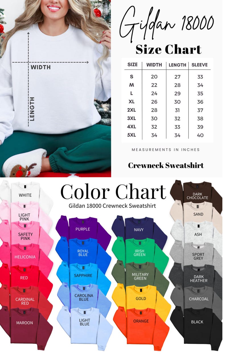 The image is a color chart for a crewneck sweatshirt, displaying various color options available in the Gildan 18000 collection.