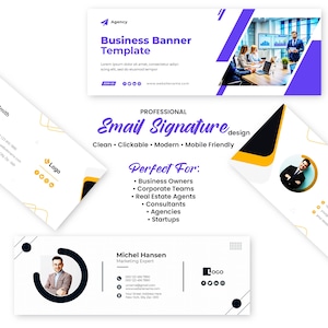 Könnte beinhalten: Ein Business-Banner-Template mit einem lila und weißen Design, das den Text "Business Banner Template" enthält. Das Bild enthält auch ein professionelles E-Mail-Signatur-Design mit dem Text "Clean, Clickable, Modern, Mobile Friendly."