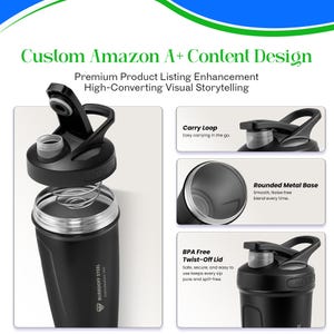 Könnte beinhalten: Schwarze Edelstahl-Wasserflasche mit Drehverschluss und Trageschlaufe. Merkmale sind ein abgerundeter Metallsockel und ein BPA-freies Design. Auf der Flasche steht "BURRDOFF STEEL PERFORMANCE PRO". Das Bild enthält auch den Text "Custom Amazon A+ Content Design".