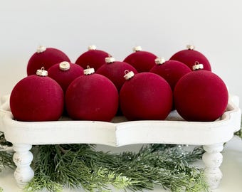 Adornos navideños de terciopelo flocado, decoración navideña rojo intenso, 12 unidades