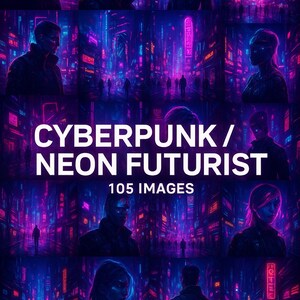 Op de afbeelding: Een digitale kunstcollage met een cyberpunk- en neon-futuristisch thema. De afbeelding toont een stadsgezicht met levendige neonlichten in tinten roze, blauw en paars. De tekst "CYBERPUNK / NEON FUTURIST" wordt weergegeven, samen met "105 IMAGES".