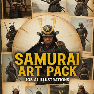 Peut inclure: Un collage d'illustrations mettant en scène des guerriers samouraïs en armure traditionnelle. Les images présentent diverses poses avec des épées et des casques. L'image centrale affiche le texte "SAMURAI ART PACK" et "105 AI ILLUSTRATIONS". La palette de couleurs comprend des bruns, des noirs et des ors.