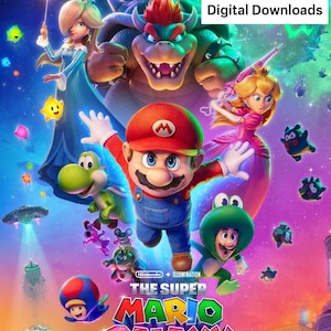 Può includere: Un poster cinematografico per The Super Mario Galaxy Movie con Mario, la Principessa Peach, Rosalina, Bowser, Luigi e Yoshi su uno sfondo cosmico. Il testo recita Nintendo + Illumination, The Super Mario Galaxy Movie e Only in Theaters April 1.