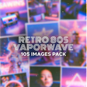 Puede incluir: Un paquete de arte digital con un tema retro vaporwave de los años 80. La imagen presenta un collage de imágenes borrosas en una vibrante paleta de colores de rosa, morado y azul. El texto dice "Retro 80s Vaporwave 105 Images Pack."