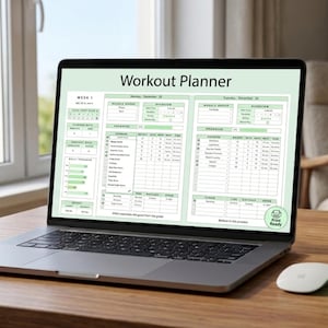 Pode incluir: Um laptop exibindo um modelo de "Planejador de Treino" em verde claro e branco. A tela mostra seções para grupos musculares, progresso e dados de peso. Um mouse branco e um caderno verde estão na mesa de madeira.