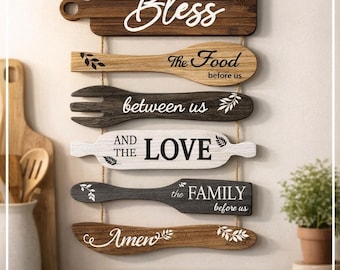 Rustic Farmhouse Kitchen Wall Decor - 'Bless The Food' Wooden Sign - Family Love Decor