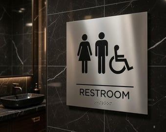 ADA Restroom Sign with Braille, 6x9 Raised Letter Bathroom Sign, Handicap Accessible Wall Plaque, Unisex Toilet Sign