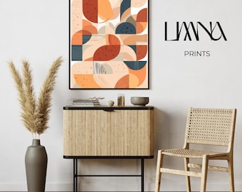 Mid-Century Modern Abstrakter Kunstdruck, Geometrische Formen Terracotta Türkis (PDF Download)