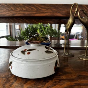 May include: A round, off-white ceramic lidded container with a speckled finish. The exterior features a hand-painted pattern of dark green leaves and small orange berries. The lid has a small, raised brown knob handle at the center.