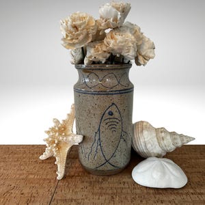 Tall Stoneware Crock/Vase with Primitive Fish Design, Shipping Included