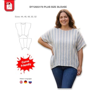 May include: A woman wearing a light blue and white striped plus-size blouse and blue jeans. The image includes a pattern diagram and text that reads "DY12603170 PLUS SIZE BLOUSE" and "Sizes: 44, 46, 48, 50, 52". A red burst graphic says "Curve Friendly".