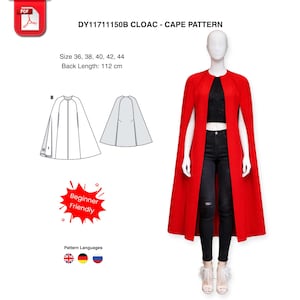May include: A red cape pattern, DY11711150B, with a back length of 44 inches. The pattern includes sizes 36, 38, 40, 42, and 44. The image shows a mannequin wearing a red cape. The pattern is beginner friendly.