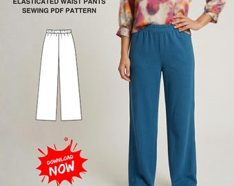 Patrón de costura en PDF para pantalones con cintura elástica / Pantalones de pierna ancha / Descarga instantánea