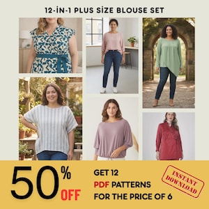 12-in-1 Plus Size Blouse Sewing Pattern Bundle PDF | Tops  For Women