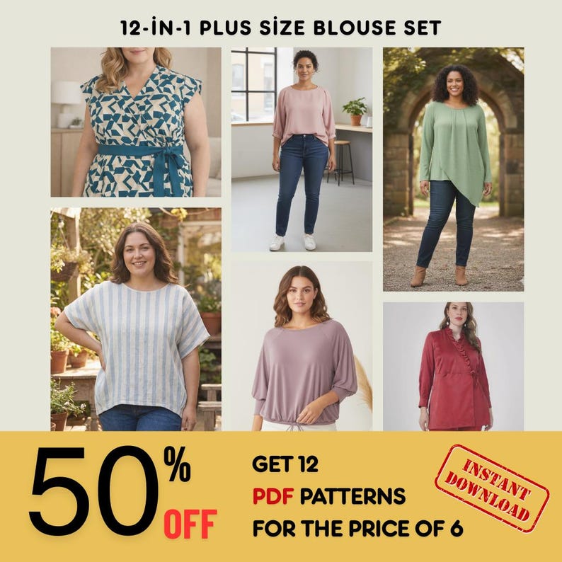 12-in-1 Plus Size Blouse Sewing Pattern Bundle PDF | Tops for Women - Etsy