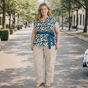 May include: A woman wearing a blue and cream geometric print wrap top with a matching blue belt and beige linen pants. The outfit is paired with beige sandals. The background is a tree-lined street.