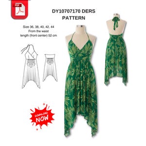 Puede incluir: Un vestido verde con cuello halter y estampado de hojas tropicales, exhibido en un maniquí. El vestido tiene cuello en V y dobladillo asimétrico. La imagen incluye un diagrama de patrón y el texto "DY10707170 DERS PATTERN". La longitud del vestido desde la cintura es de 52 cm.