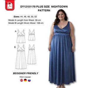 Puede incluir: Un patrón de camisón de talla grande, tallas 44-52. La imagen muestra a una mujer con un camisón largo y fluido de color azul. El patrón incluye diagramas para dos estilos, con el modelo A midiendo 39 cm desde la cintura y el modelo B a 108 cm.