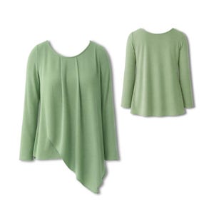 May include: A pale green long-sleeved top with an asymmetrical hemline. The top has a round neckline and pleating detail on the front. A second view of the top is shown from the back.