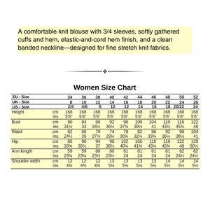 K&ouml;nnte beinhalten: Eine Gr&ouml;&szlig;entabelle f&uuml;r Damen mit Ma&szlig;en in cm und Zoll. Die Gr&ouml;&szlig;en reichen von EU 34 bis 52, UK 8 bis 26 und US 2/4 bis 24. Die Tabelle enth&auml;lt Angaben zu K&ouml;rpergr&ouml;&szlig;e, Brustumfang, Taille, H&uuml;fte, Arml&auml;nge und Schulterbreite.