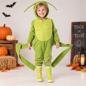 May include: A green insect costume featuring a hooded jumpsuit with long antennae, a quilted chest panel, and extended side appendages. The costume is worn with light green rubber boots, creating a complete outfit for Halloween festivities.