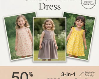 Patrón de vestido de verano para niñas en PDF / Kit de costura infantil / 3 estilos / Conjunto fácil para principiantes