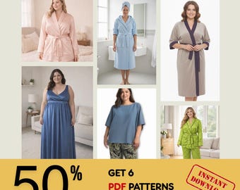 Patrón de costura 6 en 1 para ropa de casa en tallas grandes (PDF) / Bata, pijama y ropa de dormir / Tallas 44-52