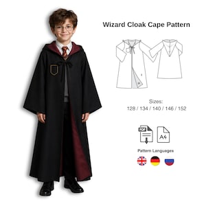 May include: A black wizard cloak with a burgundy lining, worn by a person. The cloak has a hood and a small emblem on the chest. The image also includes a pattern for the cloak, sizes, and pattern language options.
