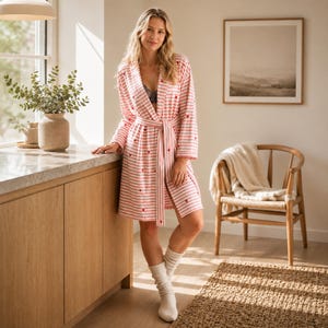 Puede incluir: Bata a rayas rosas y blancas con detalles de corazones rojos. La bata tiene un cinturón a juego y llega hasta la rodilla. La imagen muestra a una mujer que lleva la bata con calcetines blancos. El fondo incluye un mueble de madera, una silla y una alfombra.
