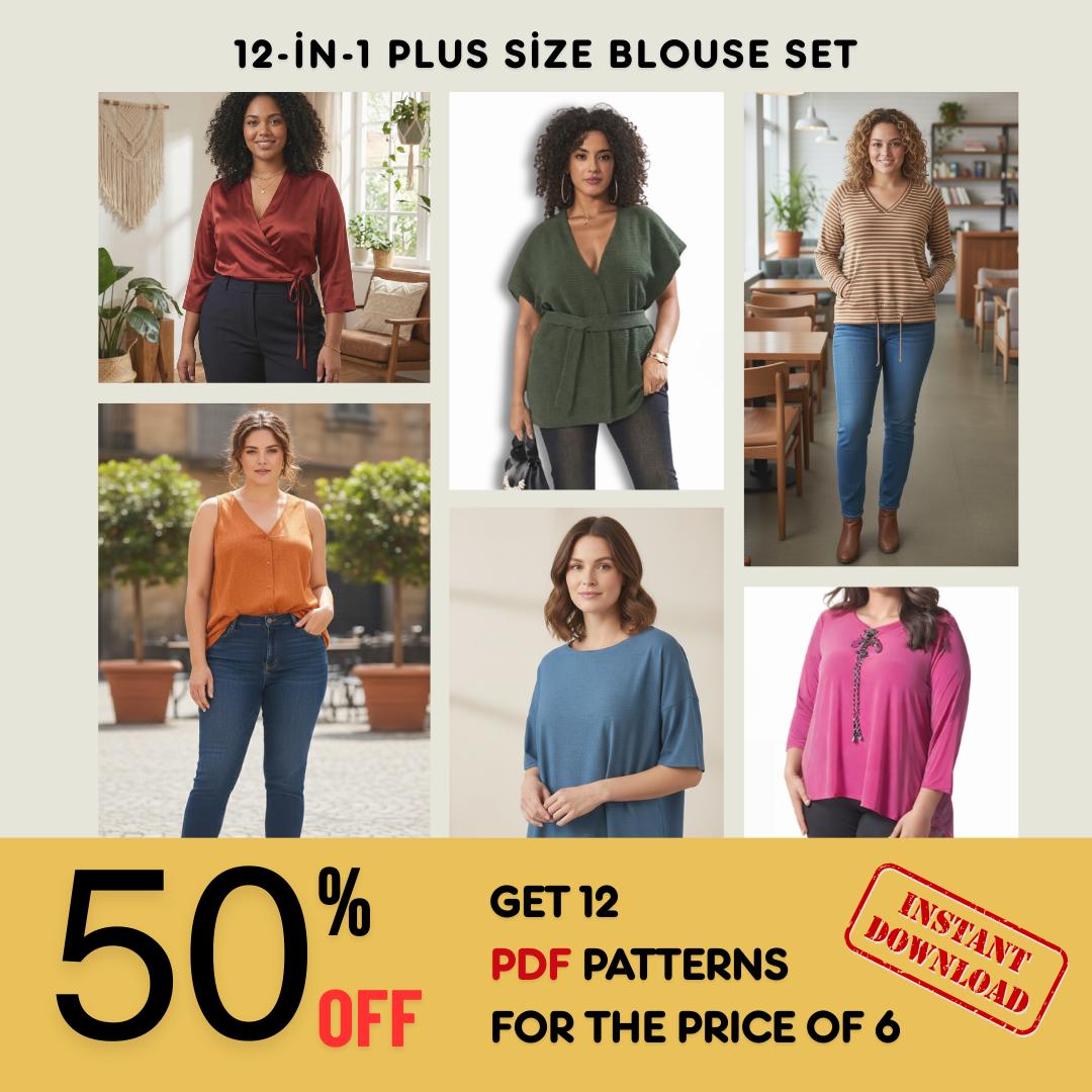 12-in-1 Plus Size Blouse Sewing Pattern Bundle PDF | Tops for Women - Etsy