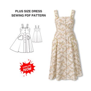 Può includere: Un abito taglie forti con stampa floreale, con bottoni sul davanti, tasche e lunghezza midi. L'abito ha uno scollo quadrato e spalline larghe. L'immagine include anche un diagramma del modello di cucito e il testo "PLUS SIZE DRESS SEWING PDF PATTERN".