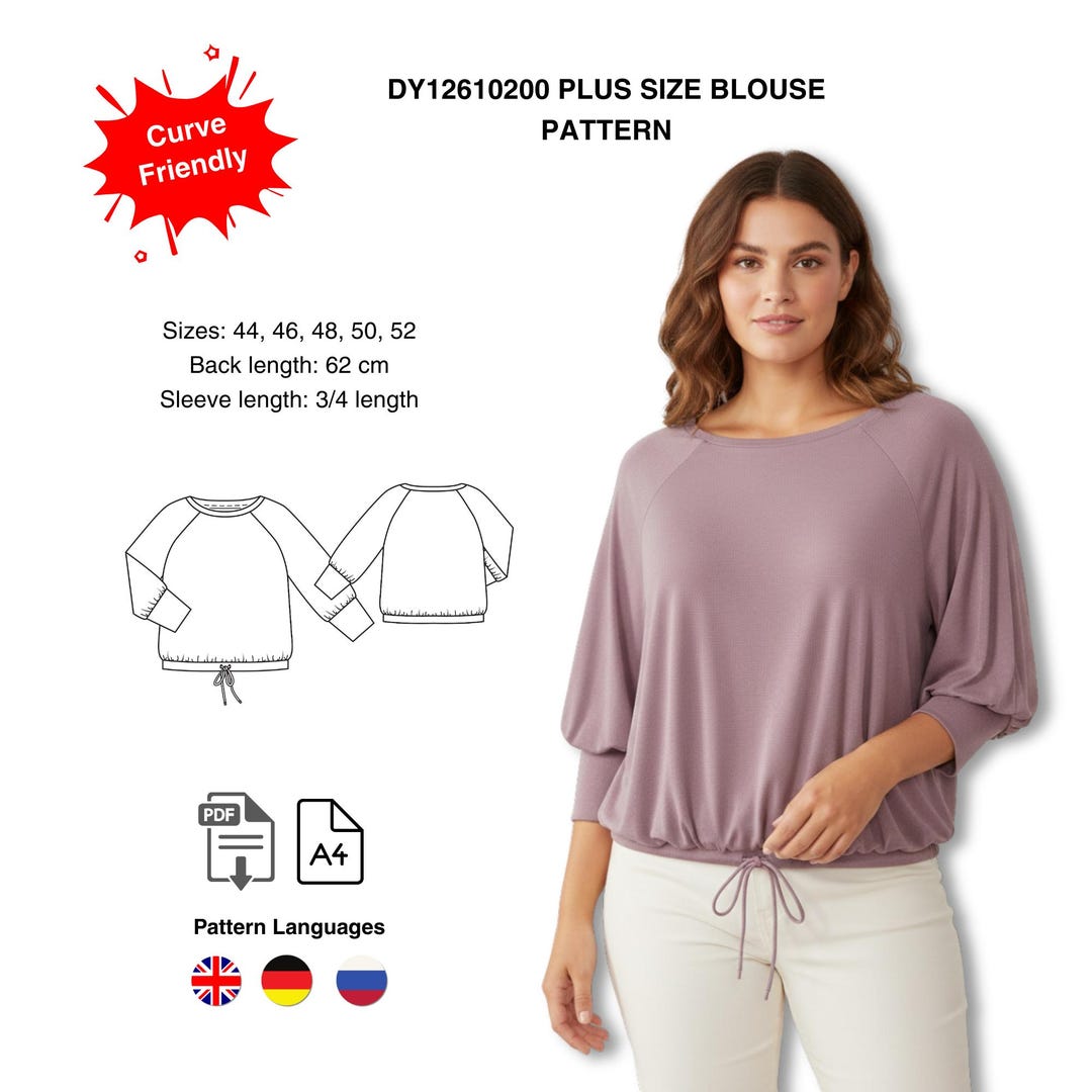 Plus Size Blouse Sewing Pattern PDF | 3/4 Sleeve Top | Sizes 44–52 - Etsy