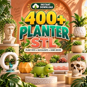 Könnte beinhalten: Eine digitale Sammlung von über 400 STL-Dateien für Pflanzgefäße zum 3D-Drucken, darunter Designs wie eine griechische Büste, ein geometrischer gelber Topf, ein grüner Dinosaurier, ein wellenförmiger rechteckiger Topf und ein Totenkopf.