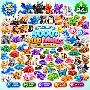 May include: A digital collection of 5000+ Flexi Animals STL bundle designs featuring various articulated creatures like dragons, dinosaurs, mammals, and insects in vibrant colors. The image includes text labels for instant download and 3D print ready files.