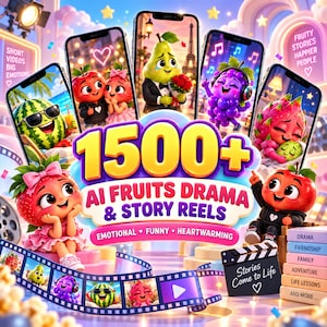 Może przedstawiać: Cyfrowa grafika przedstawiająca wiele smartfonów z animowanymi postaciami owoców, z tekstem 1500+ AI FRUITS DRAMA & STORY REELS, taśmą filmową z różnymi owocami oraz stosem książek z etykietami dotyczącymi tematów takich jak dramat i przyjaźń.