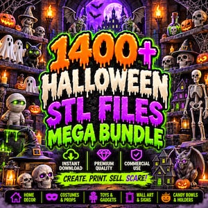 May include: A digital graphic featuring the text 1400+ HALLOWEEN STL FILES MEGA BUNDLE. The image displays various 3D-printable Halloween figures including skulls, ghosts, pumpkins, gargoyles, a skeleton, and a witch hat against a dark castle background.