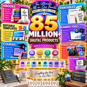 Może przedstawiać: Reklama pakietu produktów cyfrowych z tekstem 85 MILLION+ DIGITAL PRODUCTS, MRR & PLR RIGHTS oraz kategoriami takimi jak eBooks, printables, templates, business tools, courses, stock content i SVG designs wraz z ikonami.
