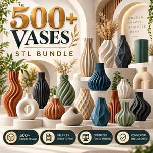 Könnte beinhalten: Eine digitale Sammlung von über 500 STL-Vasendateien für den 3D-Druck mit verschiedenen geometrischen, gerippten und gedrehten Formen in Terrakotta, Creme, Marineblau, Schwarz und Salbeigrün, mit dem Text 500+ VASES STL BUNDLE.