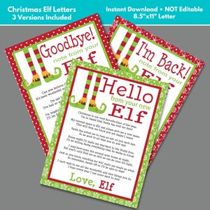 Carta de llegada de un elfo navideño, carta de regreso de un elfo, carta de despedida de un elfo para descargar e imprimir con fondos rojos y verdes • No editable