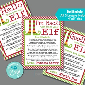 Carta de duende navideño para el nuevo elfo, "He vuelto" y "Adiós", para editar al instante en Corjl, descargar e imprimir, carta de duende editable, rayas de 4" x 5"