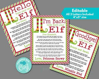 Christmas Elf Letter for New Elf, I&#39;m Back, and Goodbye to Edit Instantly in Corjl, Download and Print, Editable Elf Letter, 4&quot;x5&quot; Stripes