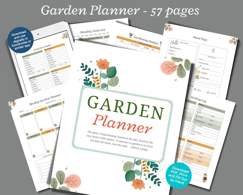 Pode incluir: Um planeador de jardim imprim&iacute;vel com 57 p&aacute;ginas. A capa apresenta um t&iacute;tulo verde e branco com as palavras "GARDEN PLANNER" em uma fonte estilizada. A capa tamb&eacute;m apresenta um design floral com folhas verdes e flores rosas.